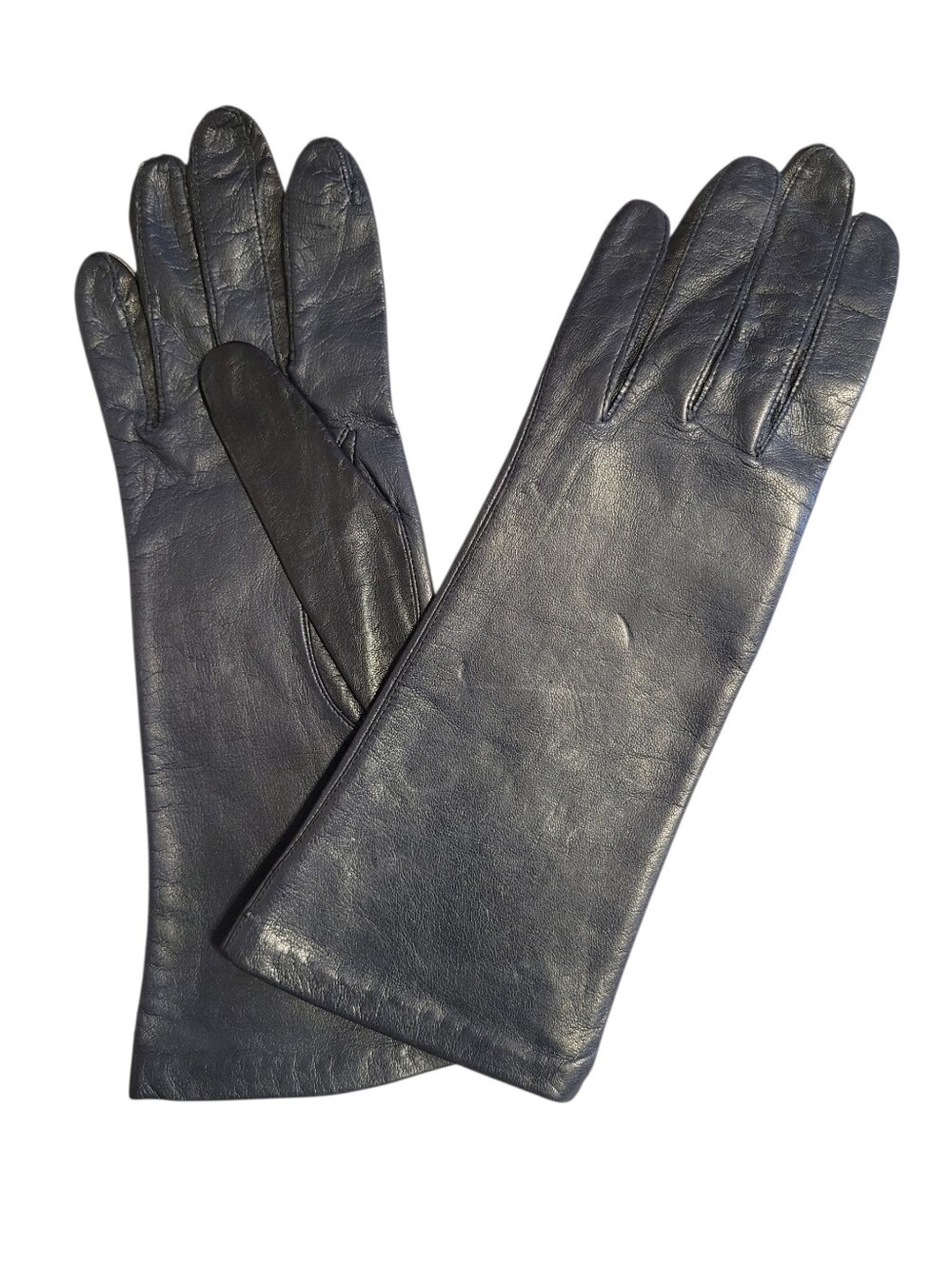 Aris Vintage Wrist Length Leather Gloves Silk Lined Wmn 7.5 M Midnight Blue
